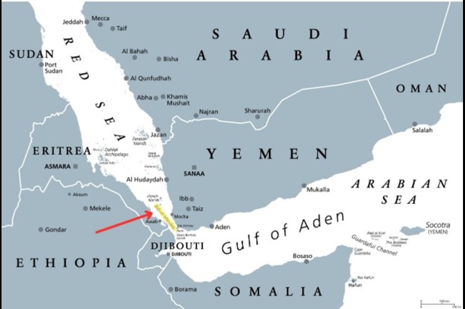 Red Sea shipping crisis map showing the Suez Canal, Bab-el-Mandeb Strait, and Cape of Good Hope route