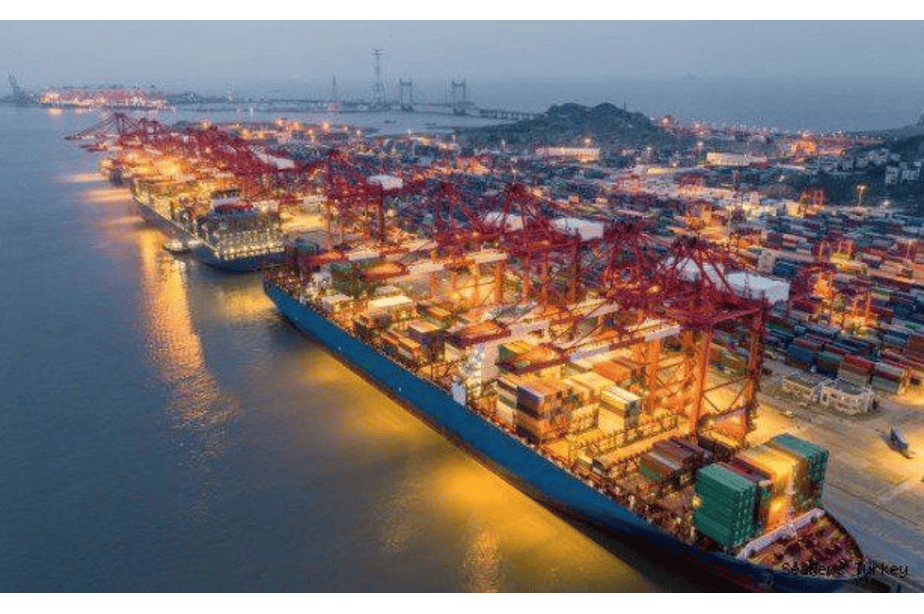 Container port congestion highlighting supply chain disruption and capacity constraints in global freight.