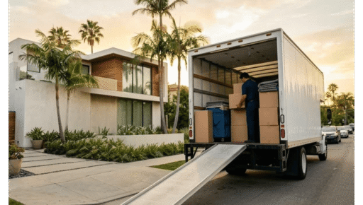 Professional moving truck with neatly organized furniture, cartons, and household goods secured for safe transportation during relocation.