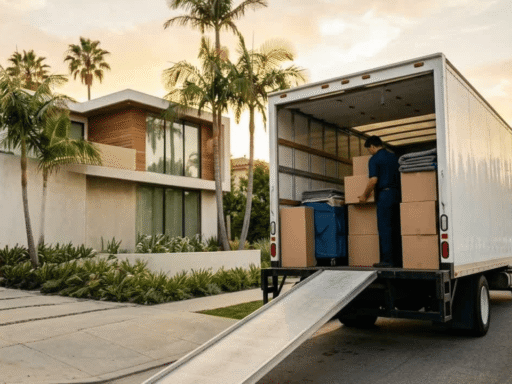Professional moving truck with neatly organized furniture, cartons, and household goods secured for safe transportation during relocation.