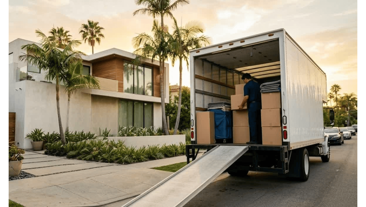 Professional moving truck with neatly organized furniture, cartons, and household goods secured for safe transportation during relocation.